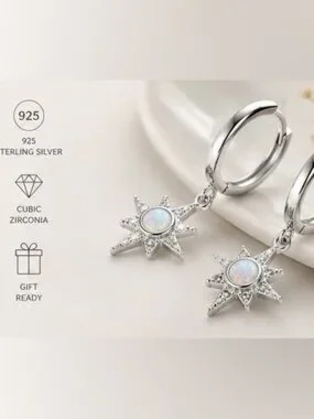 925 Sterling Silver Opal North Star Huggie Earrings